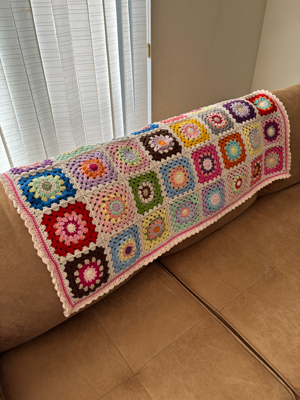 手編みブランケット☆お花モチーフ☆グラニースクエア☆コットン