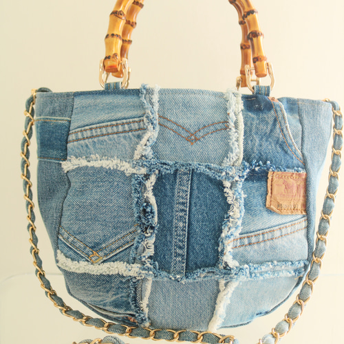 デニムフリンジパッチバンブートートバッグ デニムリメイク リーバイス