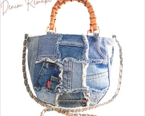 デニムフリンジパッチバンブートートバッグ デニムリメイク リーバイス