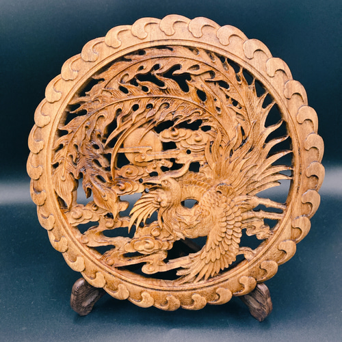 飛天鳳凰26.5㎝（鳳凰•雲) 参次元彫刻『雅』透かし彫 楠彫刻 ウォール