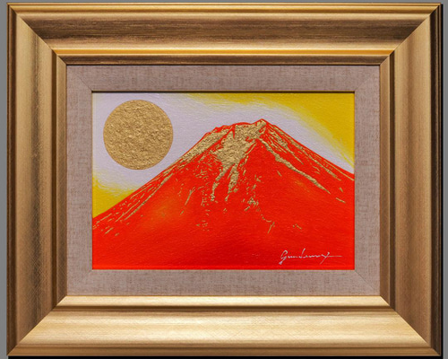 肉筆油絵○富士吉田からの金の赤富士山○がんどうあつし直筆絵画SM油彩