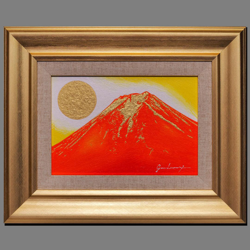 肉筆油絵○富士吉田からの金の赤富士山○がんどうあつし直筆絵画SM油彩