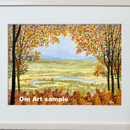 釧路湿原・秋01」透明水彩画 原画 風景画 額縁付 F4サイズ 絵画 Oni