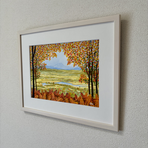 釧路湿原・秋01」透明水彩画 原画 風景画 額縁付 F4サイズ 絵画 Oni
