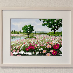 エーゲ海とブーゲンビリア05」透明水彩画 原画 風景画 額縁付 SMサイズ