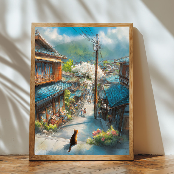 昭和の懐かしい日本の街並みと猫 — 水彩とペンの風景画 日本風