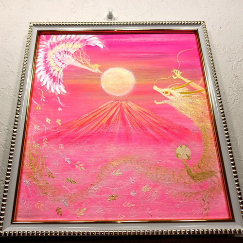 風水吉祥絵画＊幸せ空の龍と鳳凰～桃富士光雲海～豊かさ出世 愛情 子宝