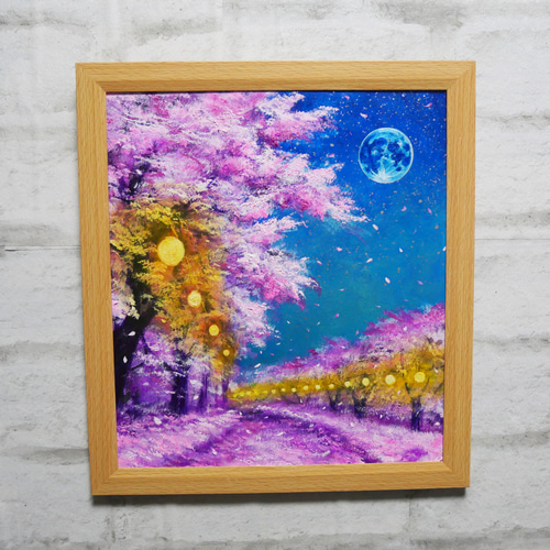 油絵 原画【夜桜と青い満月】絵画 インテリア 壁掛け 風景画 絵画 HR