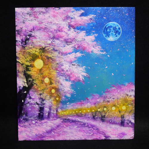 油絵 原画【夜桜と青い満月】絵画 インテリア 壁掛け 風景画 絵画 HR