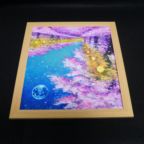 油絵 原画【夜桜と青い満月】絵画 インテリア 壁掛け 風景画 絵画 HR