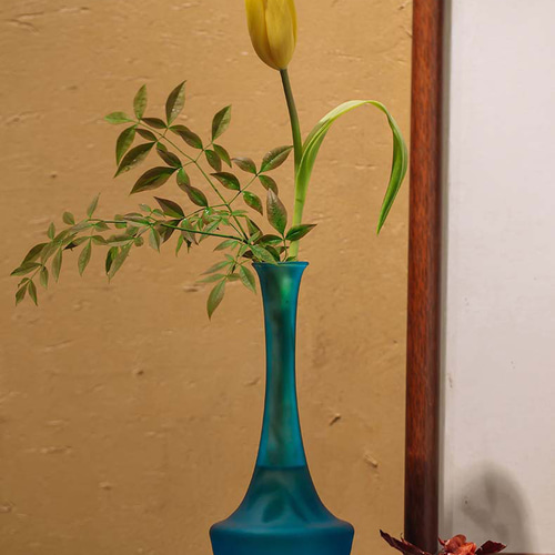 手作り吹きガラス花瓶 透明＆磨砂ブルー 禅意インテリア＆水培花器