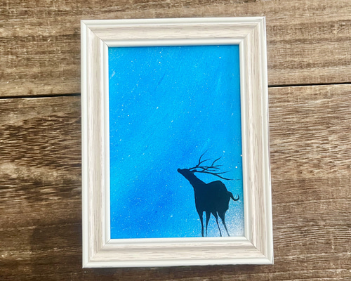見上げた空」ミニ原画 鹿×星空 青 ちょっとしたスペースに飾れる