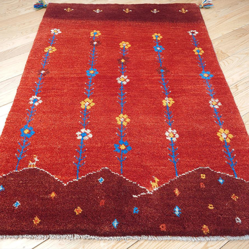 ペルシャ ギャッベ 玄関マット大 ウール 118x85cm 茜色 花 丘 RD2176G