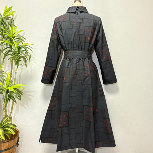 着物リメイク 大島紬花柄ワンピース Aライン 2WAY ロング リボン付き