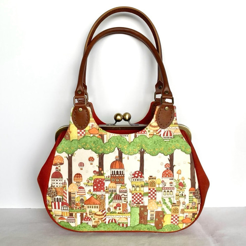 あおりがま口バッグ＊空想街雑貨店キノコ旧市街地の生地 ハンドバッグ