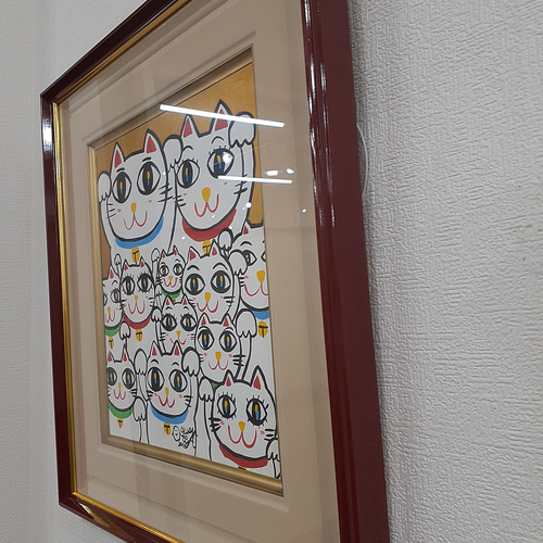 カラフルな招き猫のポップアート絵画 色紙サイズ 画家 小楠アキコ作品