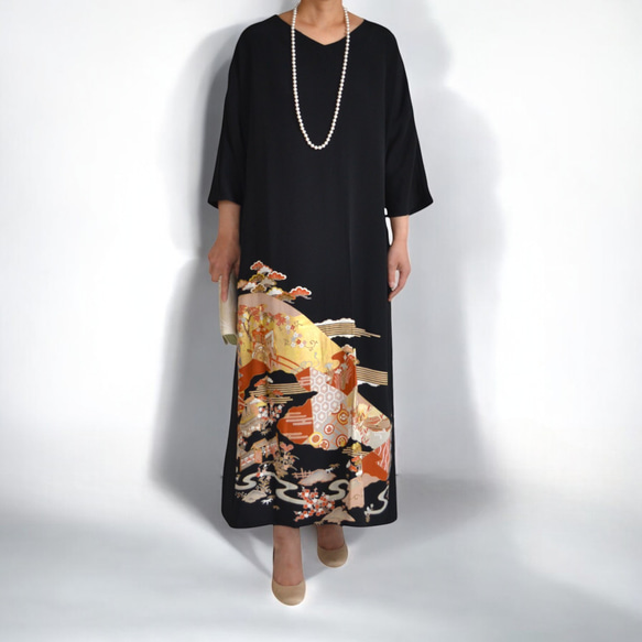 XL ,着物リメイク,上品ワンピース, 黒留袖リメイク ワンピース, ,上品