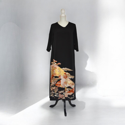 XL ,着物リメイク,上品ワンピース, 黒留袖リメイク ワンピース, ,上品