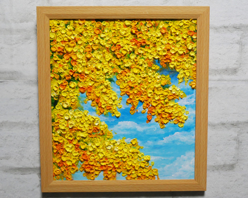 油絵 油彩 油彩画 絵 絵画 【青空に咲くミモザ】 絵画 HR 通販