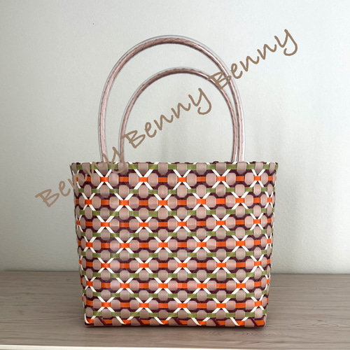 プラカゴ 花柄 Lサイズ レトロポップ カシス&オレンジ PPバンド トート