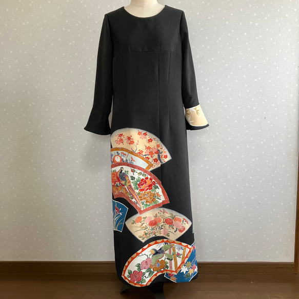 No.146ロングワンピースM〜L11号黒留袖ドレス着物リメイク袖口フリル