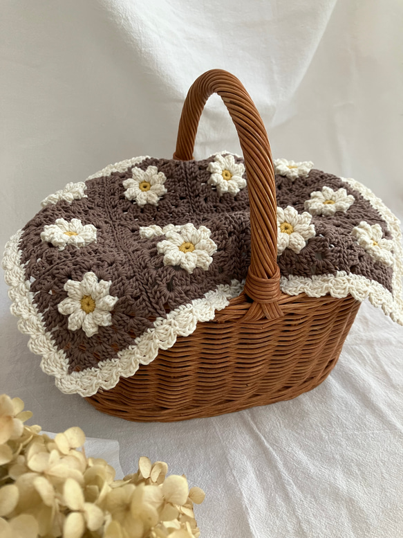 花びらぷっくり手編みマルチカバー マロンブラウン/グラニースクエア