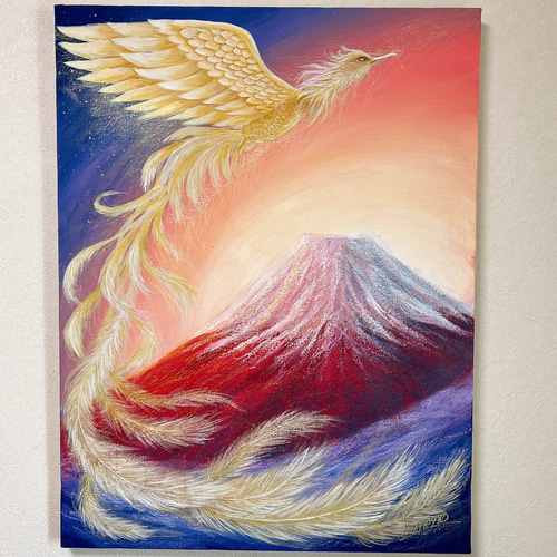 原画】赤富士と鳳凰 絵画 風水 壁掛け パネル 風景画 絵画 ゆめの 通販