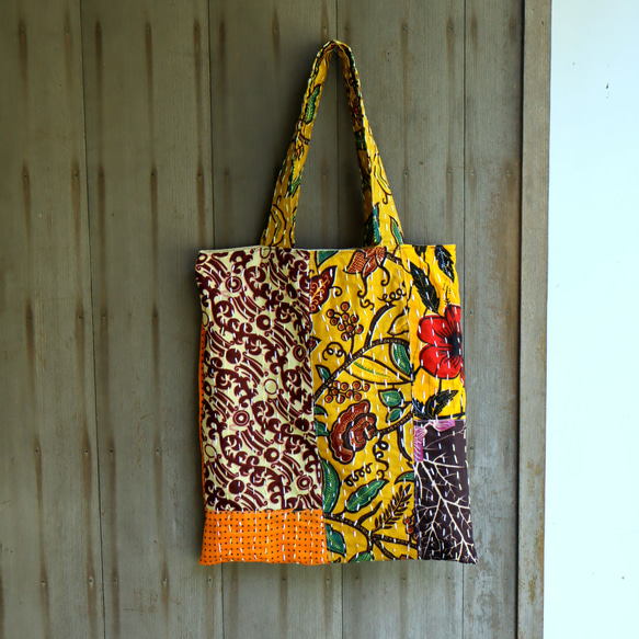 アフリカ布の刺し子パッチワークバッグ（裏地付き）オレンジ 一点もの