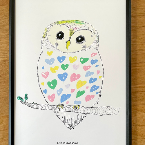 ハートの森のふくろう オリジナルイラストポスター A4/B4/A3 イラスト