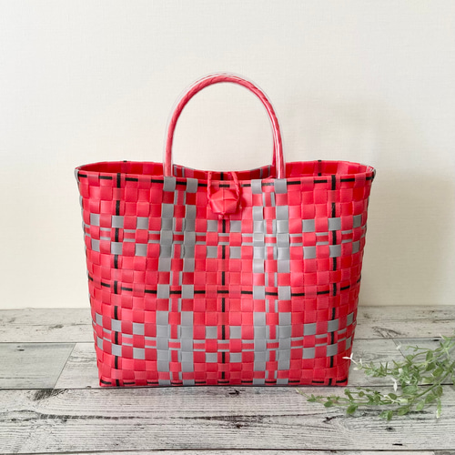 プラかごバッグ A4対応 LLサイズ レッド×グレー 大柄チェック プラカゴ