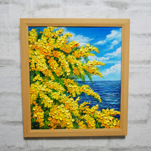 一点物】油彩画「ミモザの海」光り輝く海とミモザの共演 絵画 HR