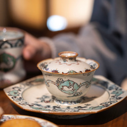 詩瓷集 手作り磁器 中国唐風茶器セット 青花・古彩 敦煌三生兎文蓋碗