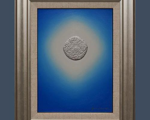 F4額装タテ46.9cm○がんどうあつし絵画油絵青プラチナシルバー銀光冷静