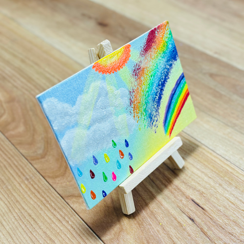 ハガキサイズ】虹 雨 キャンバスアート カラフル アクリル絵の具 ※運気