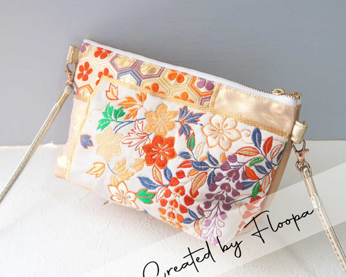 和装帯リメイクショルダーバッグ｜華やか花柄刺繍＆金襴｜一点もの