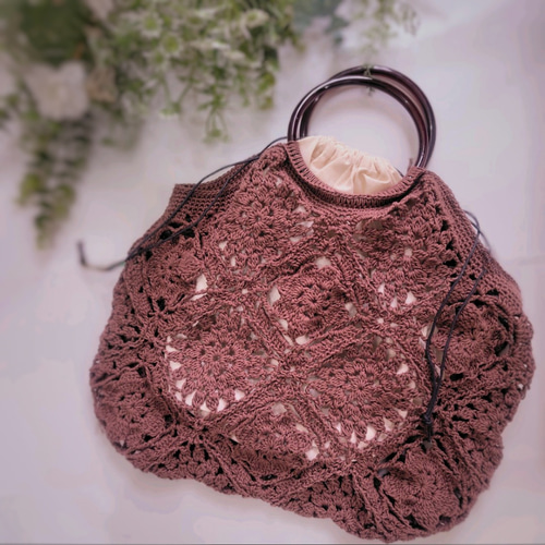 やかんさん専用 かぎ編み 前開きキャミソールとリング編み巾着バッグ