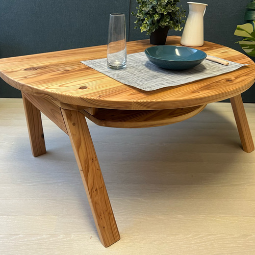 送料無料】 ローテーブル 半円 収納付き90cm 60cm 杉 折り畳み脚