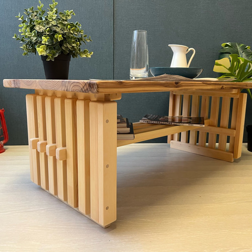 送料無料】 ローテーブル 和風 木組縦格子 収納付き90cm 45cm 杉