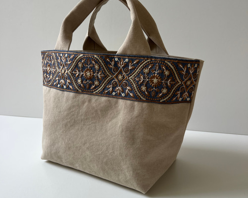 新色◇インド刺繍リボンとクッタリ帆布のトートバッグ◇blue gray
