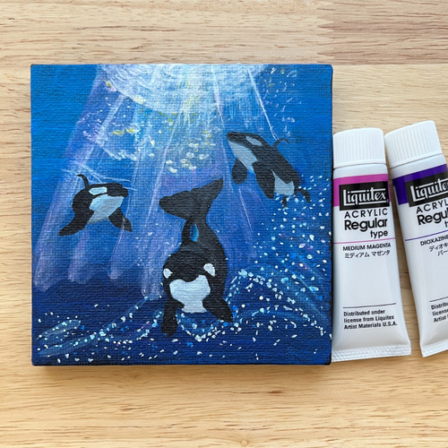 光降り注ぐ海のシャチたち」ミニキャンバス原画 送料無料 絵画 vet