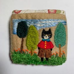 猫さんとお花畑刺繍 羊毛フェルト生地のバッグ ハンドバッグ はな