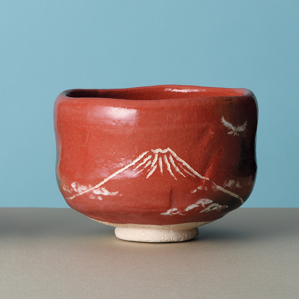 2026正月 新作 楽焼〚赤楽 富士の絵〛抹茶碗 楽入印 茶道具 季節茶碗