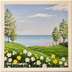 透明水彩画 原画 「コスモスの川辺」額縁付き F4サイズ 風景画