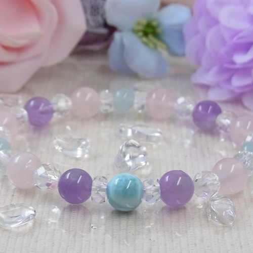 ラリマー 優しい海と花のブレスレット ラベンダーアメジスト/アクア