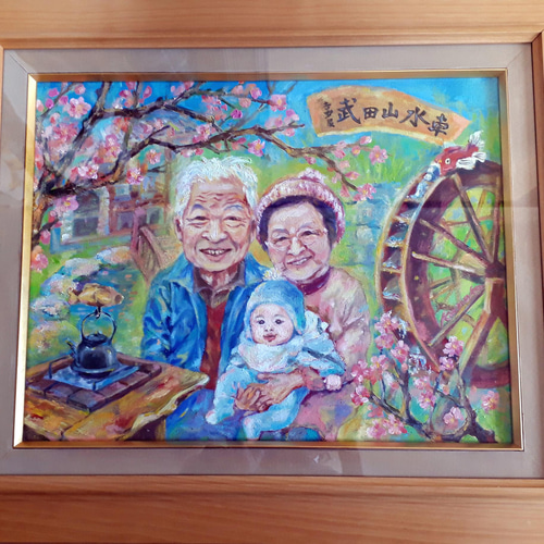 油絵 菅家令子 絵 絵画インテリア額付(青緑＋金色の枠) F4-071512女性