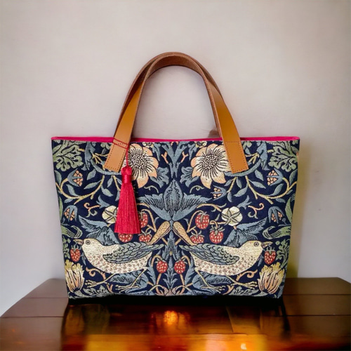 ウィリアムモリス いちご泥棒 ブルー ジャガード織革持ち手 横型トート