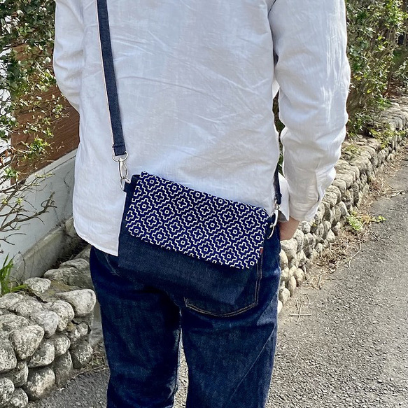 藍染め刺し子と岡山デニムのバイカラー2wayミニショルダーバッグ（菱形