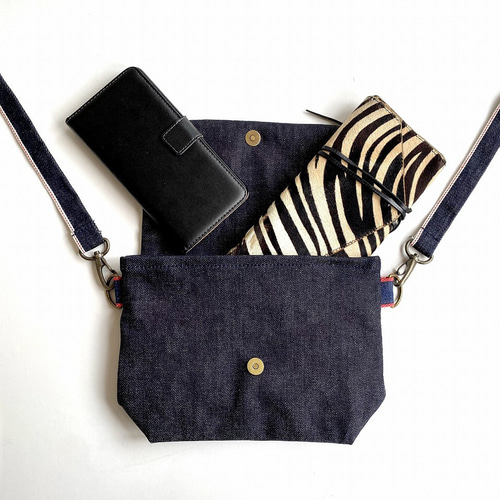 藍染め刺し子と岡山デニムのバイカラー2wayミニショルダーバッグ（菱形