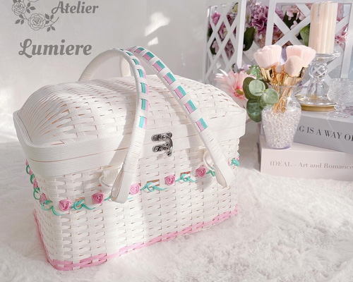 ミニローズのバスケット〜Lサイズ【ホワイト×パステルピンク