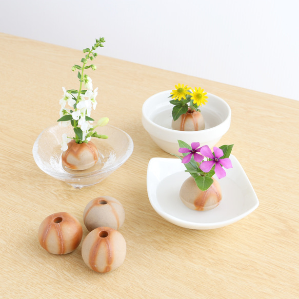 備前焼 穴あき玉一輪（3個セット）【緋襷】【陶器・花器・花入れ